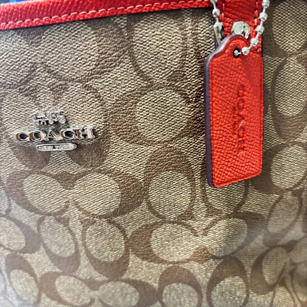 Coach City Tote Bag Women OS Khaki Red Signature Canvas Monogram Shoulder Bag